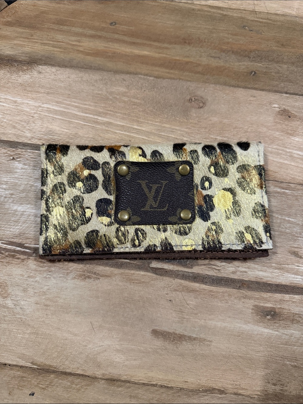 Keep It Gypsy Brand Upcycled  Leopard Print Continental Wallet in Gold and Brown